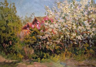 Сазонов Н.С. Цветущая яблоня 1960 г. Картон, масло 36x51(878)