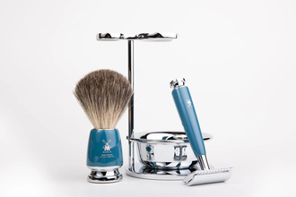 Бритвенный набор Muehle Rytmo, темно-бирюзовая смола, натуральный барсучий ворс, Т-образная бритва, чаша