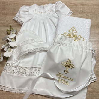Крестильный набор для девочки с платьем "Ксения". С платьем, косынкой, полотенцем. 3-4 года, 5-6 лет, 7-8 лет, цена от