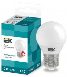 Лампа светодиодная IEK шар G45 E27 9W(810lm) 4000К 4K ECO LLE-G45-9-230-40-E27