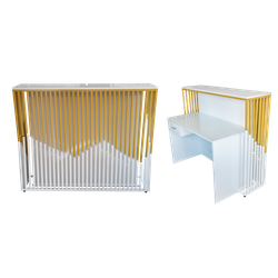 Тучков шоп. Торговое оборудование. Ресепшн. Стойка-ресепшен Орган белая с металлом золотого цвета