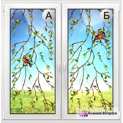 Витражная пленка, витражная пленка самоклеющаяся под заказ,пленочный витраж флора с птицами