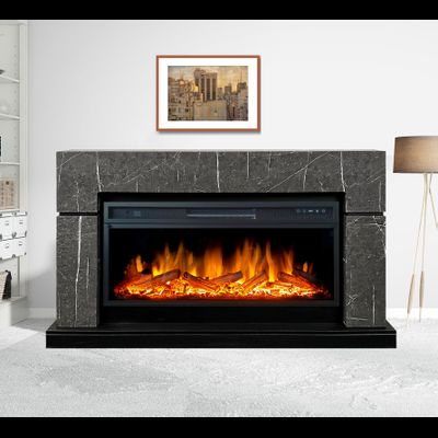 Линейный электрокамин Lindos SFT серый мрамор с очагом Vision 42 LOG LED