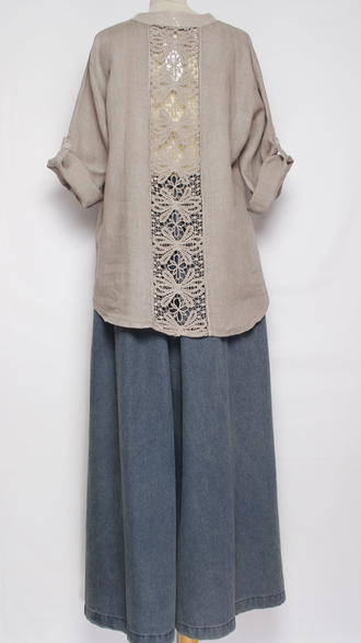 РУБАШКА ЛЁН "КРУЖЕВО НА СПИНЕ"  хаки, бежевая р.46-52