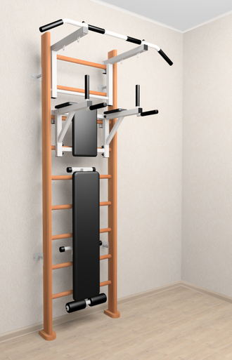 Спортивный комплекс для дома  деревянный. С турником , брусьями и  скамьей для пресса  (ОРЕХ)
