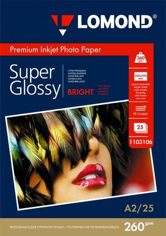 Суперглянцевая ярко-белая (Super Glossy Bright) микропористая фотобумага Lomond для струйной печати, A2, 260 г/м2, 25 листов.