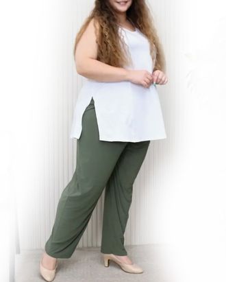 Женские летние прямые брюки арт. 16873-5451 (цвет оливковый) Размеры 62-80