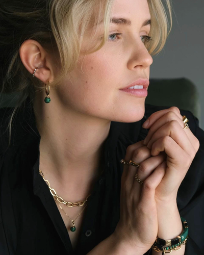 Серьги-кольца с подвеской из малахита цвет золото A&C (Норвегия)