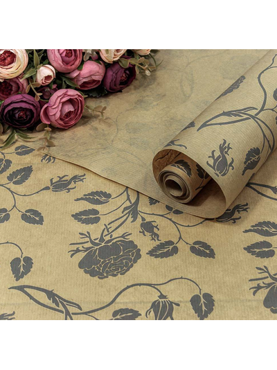 Бумага крафт упаковочная для подарков/цветов (принт "Вьющиеся розы" крафт/серый), 70см*10м