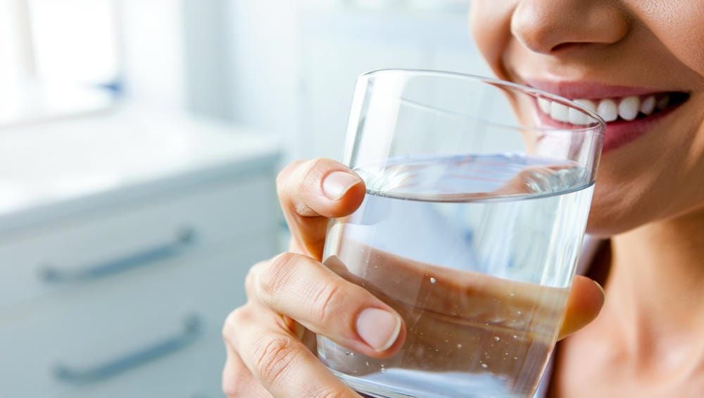 демонстрирует здоровую улыбку пациента на фоне стакана чистой воды.