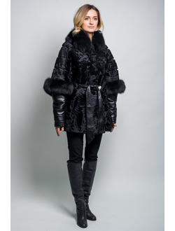 Шуба женская  куртка трансформер каракуль натуральный мех  зимняя, черная арт ц-041