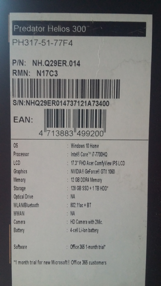 Acer Predator PH317-51-77F4  ( 17.3 FHD IPS i7-7700HQ GTX1060(6Gb) 12Gb 1Tb + 128SSD )