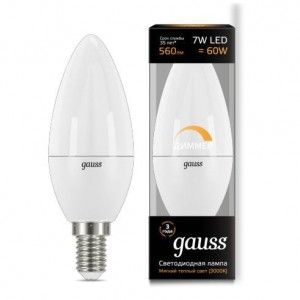 Лампа светодиодная Gauss Свеча E14 диммируемая 7W(560lm) 3000К 2K 110x38 матовая, пластик/алюм. 103101107-D