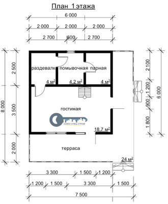Б-18  ГАБАРИТНЫЕ РАЗМЕРЫ: (8Х7,5М) 2 ЭТАЖА, ОБЩАЯ ПЛОЩАДЬ: 75М²