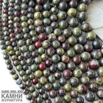 "Яшма "Кровь Дракона" эпидот с красной яшмой, шары 6,1-6,6/8,1-8,5/9,9-10,2/11,4-12,2 мм, цена за нить 19 см