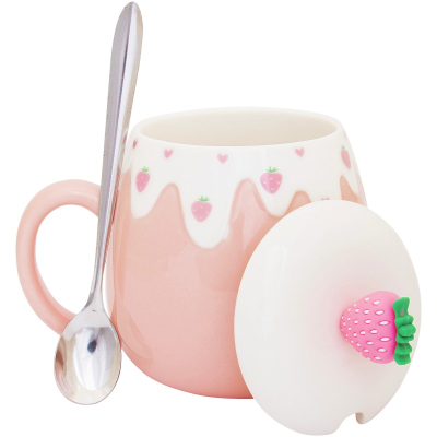 Кружка с крышкой и ложкой "Клубника со сливками", 500мл , Цвет: Розовый