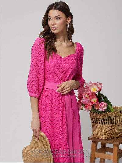 Нарядное платье с воланом из хлопка, ткань-шитьё малинового цвета