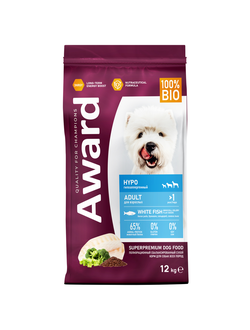 Сухой корм AWARD HYPO для взрослых собак всех пород с белой рыбой с добавлением брокколи, сельдерея и семян льна 12кг