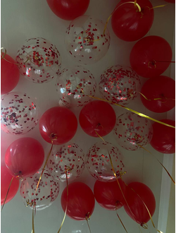 Шары под потолок красный пастель и красное конфетти 15шт