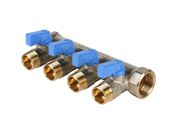 Коллектор распределительный STOUT с шаровыми кранами 3/4", 4 отвода 1/2" (синие ручки) (Арт. SMB 620