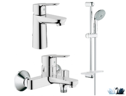 Набор смесителей Grohe BauEdge 122271 (для ванной, для раковины, душевой гарнитур с лейкой, штангой и полочкой)