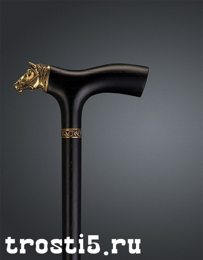 Уникальная черная трость "Мустанг" с головой лошади из латуни на черном шафте