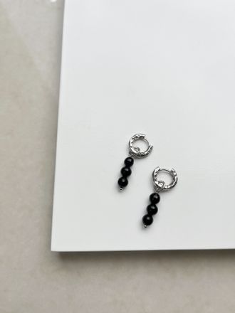 Серьги колечки с подвесками Черный Агат