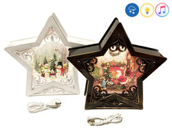 Новогодний музыкальный  светильник "ЗВЕЗДА" c LED подсветкой и поддувкой снега, 26,5*25*7 см, ТИП: Дед Мороз дарит подарок/Снеговики