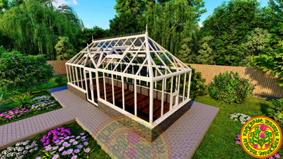 Базовая комплектация теплицы в английском стиле из стекла и алюминия ВИКТОРИЯ FR-M размером 8000 х 3000 мм