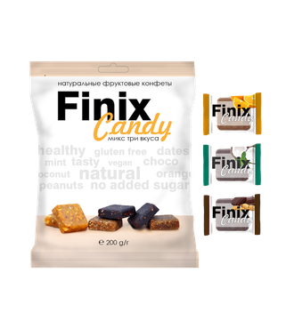 Конфеты фруктовые FinixCandyМикс (с кокосом и мятой, шоколадом и арахисом, апельсином и арахис) 200г