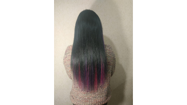 Коррекция наращивания волос плюс окрашивание в два цвета тёмный и фиолетовый с добавлением волос для наращивания фото и работа домашняя мастерская Ксении Грининой 1