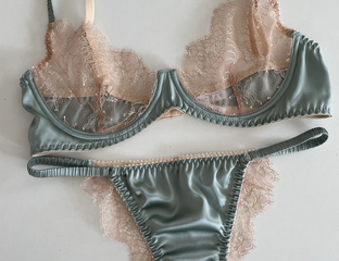 Clarissa minty silk beige lace