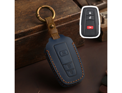 Чехол для ключа Toyota prius, corolla из натуральной кожи тёмного синего цвета с коричневым швом