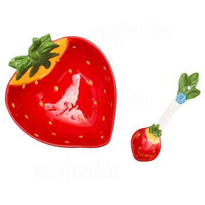 Салатник фарфоровый с ложкой Клубника