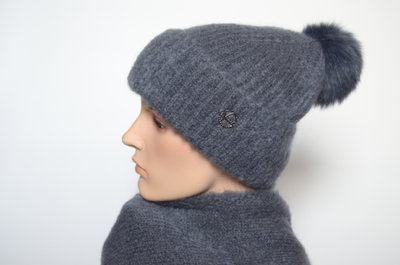 Шапка вязаная с отворотом и помпоном Vizio Италия 6946 CRYO темно - серая