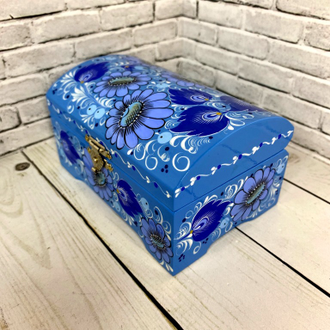 Деревянная шкатулка сундучок Голубая 120*80 мм для украшений с росписью Хохлома