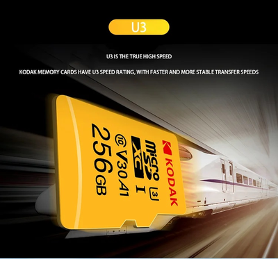 Карта памяти Kodak Micro SD, класс 10, UHS-1 U3 V30 A1 на 256 ГБ, чтение 100 МБ/с, запись данных 30 МБ/с, + переходник SD