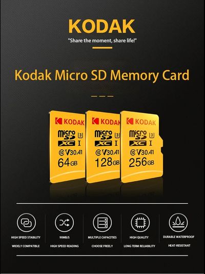 Карта памяти Kodak Micro SD, класс 10, UHS-1 U3 V30 A1 на 256 ГБ, чтение 100 МБ/с, запись данных 30 МБ/с, + переходник SD