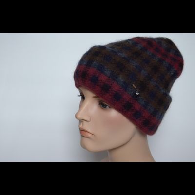 Шапка в клетку вязаная женская с отворотом Vizio Италия 6944 CRY бордовая