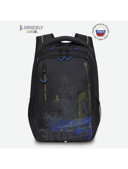 Рюкзак школьный GRIZZLY RU-338-1 черный салатовый