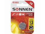 Батарейка SONNEN Lithium, CR2032, литиевая, 1 шт., в блистере