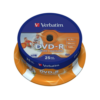 Носители информации DVD-R Printable, 16x, Verbatim Azo Wide, Cake/25, 43538