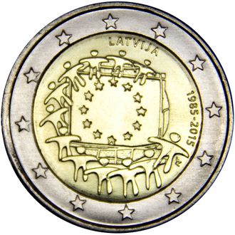2 евро 30 лет флагу Европы. Латвия, 2015 год
