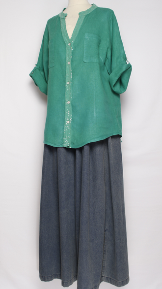 РУБАШКА ЛЁН "КРУЖЕВО НА СПИНЕ"  малахит р.46-52