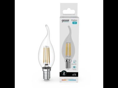 Лампа светодиодная Gauss Elementary Filament Свеча на ветру Е14 12W(750lm) 4100К 120х35 прозр, стекло, нитевид 42122