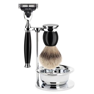 Бритвенный набор Muehle Sophist, черная смола, барсучий ворс высшей категории Silvertip, бритва Mach3, чаша