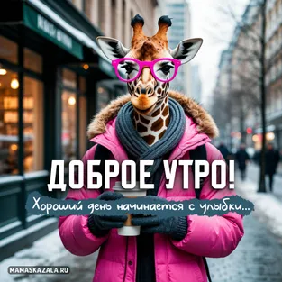 Доброе утро с жирафом в розовой куртке