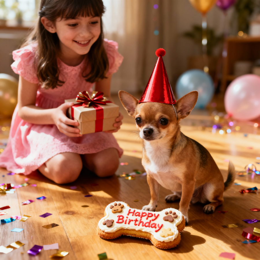 Девочка дарит своей собаке подарки на День рождения