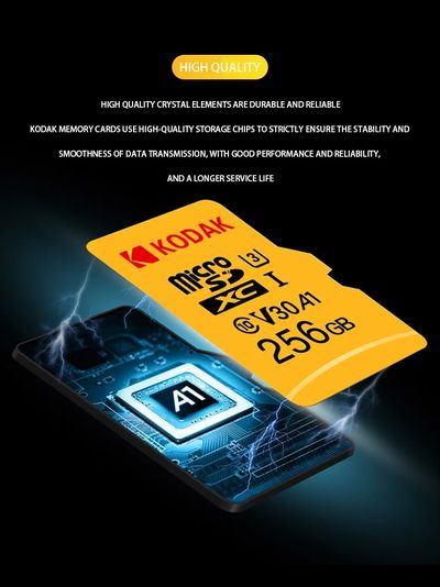 Карта памяти Kodak Micro SD, класс 10, UHS-1 U3 V30 A1 на 256 ГБ, чтение 100 МБ/с, запись данных 30 МБ/с, + переходник SD