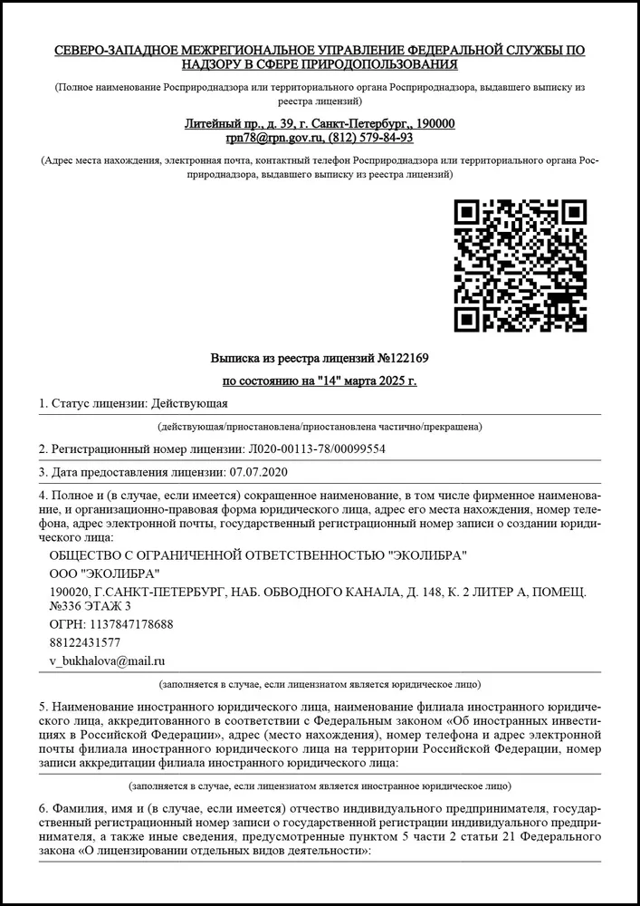 Выписка из реестра лицензий отходы ЭКОЛИБРА 1